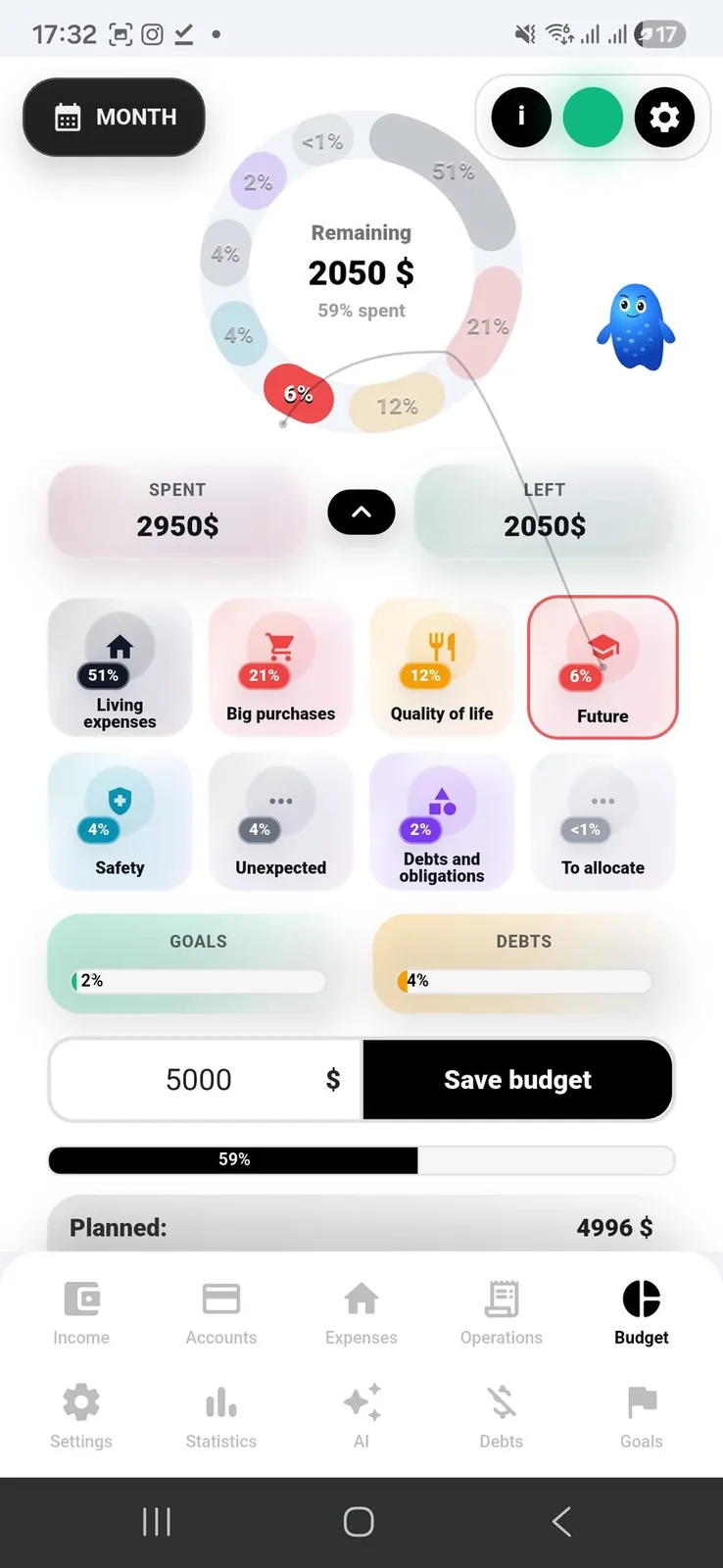 FreeLife budget screen